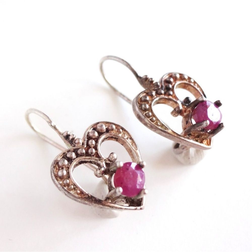 Vintage‎ Sterling Silver and Ruby, heart shaped dangle earrings!